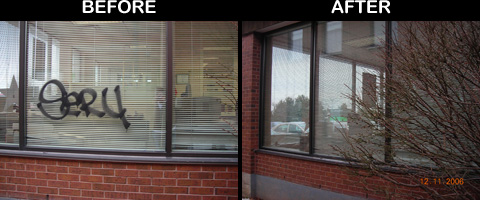 Before and After of graffiti removal off a business window.
